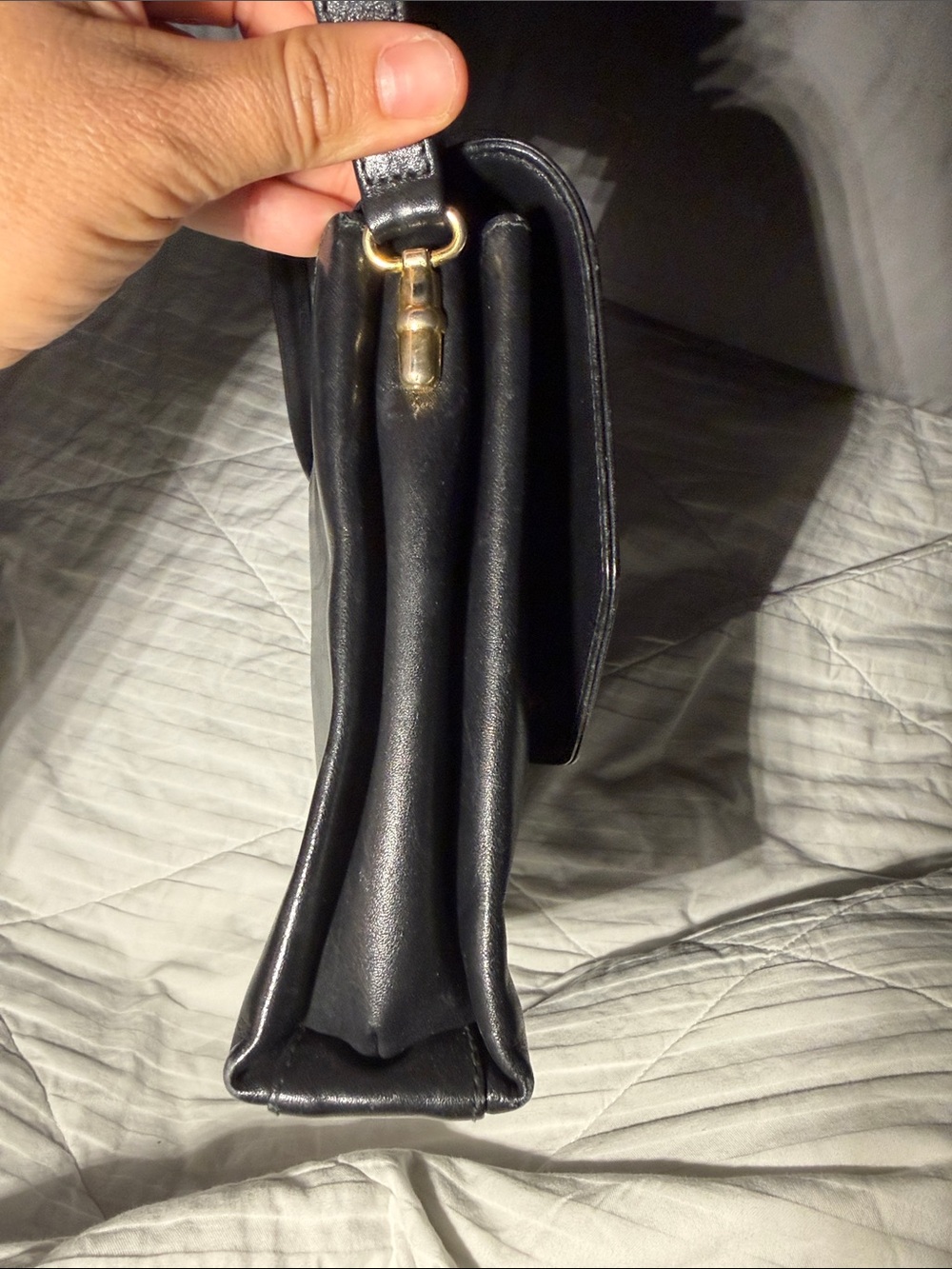 Black Chevron-Detail Shoulder Bag with Gold Turn Lock - Picture 8 of 10